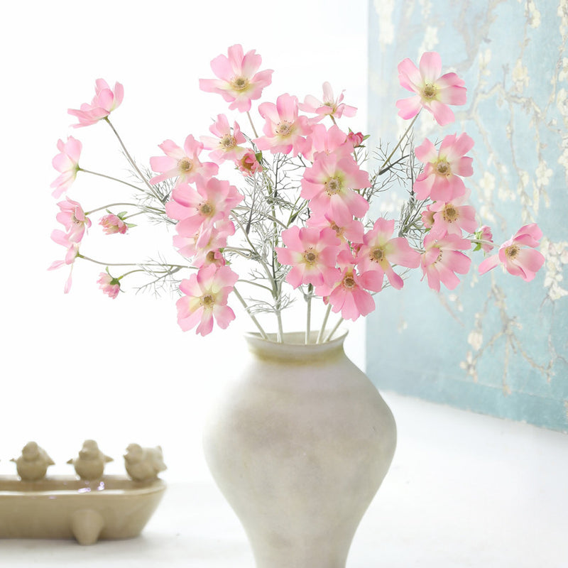 Artificial Cosmos Flower Bush with 6 Blooms, Silk-Like Fabric, 24" Tall, Indoor Decor
