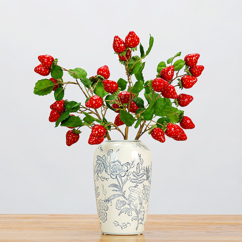 Single Stem Artificial Strawberry Branch with Leaves, 11 Blooms, 19" Long, Foam Material, Indoor Decor for Home, Wedding, Events
