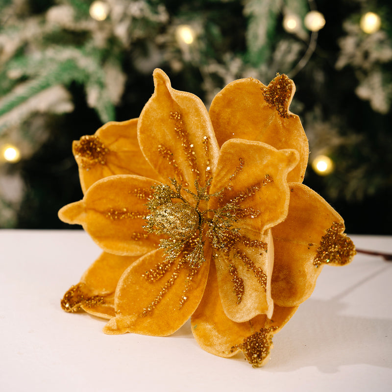 Gold Glitter Velvet Magnolia Artificial Flower, Single Stem with 1 Large Bloom, Christmas Tree Decor, Holiday & Wedding