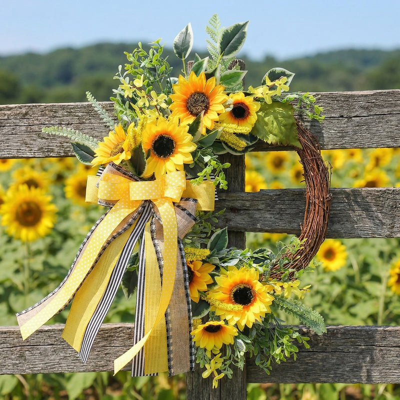 Autumn Sunflower Half Wreath Garland, 18" Long, Plastic, Bee Decor, Door Hanging