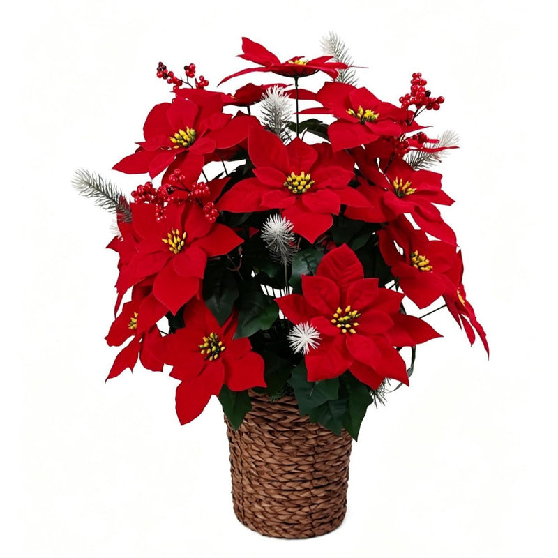 Artificial Poinsettia Bush with 36 Blooms, 14" Silk-Like Christmas Flower Arrangement for Holidays, Weddings & Home Decor
