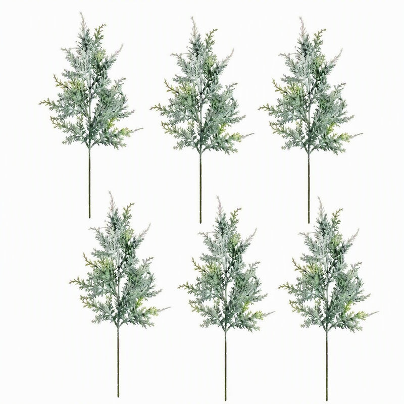 Artificial Cedar Bush Picks, Set of 6, Frosted Flocked Pine Needle Greenery, 18 in, Christmas & Winter Decor