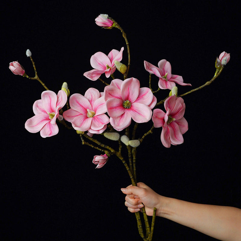 Single Stem Magnolia with 4 Blooms, PU Material, 27" Tall, Perfect for Weddings, Home Decor, and Events
