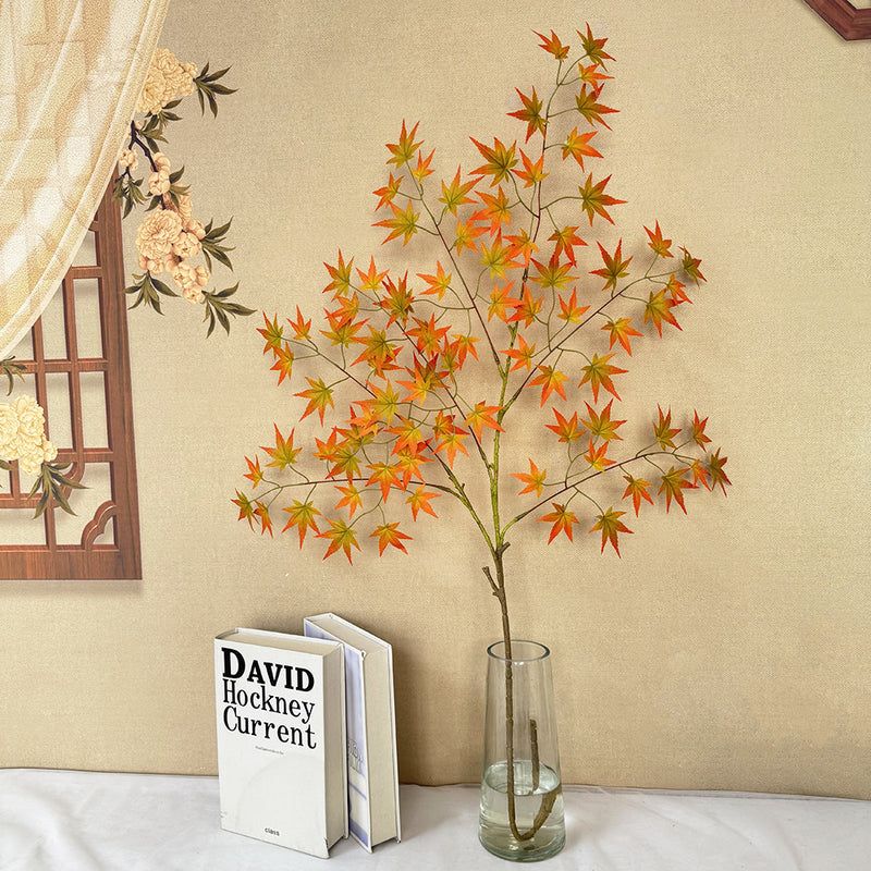 Single Stem Faux Maple Leaf Branch, 43" Tall, Velvet Fabric, Modern Fall Decor for Weddings, Home, and Events