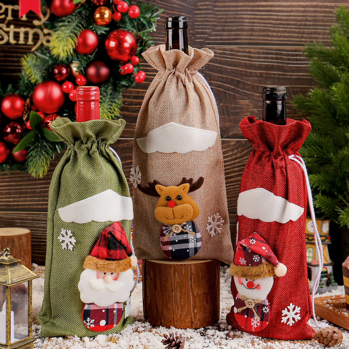 Christmas Santa Burlap Wine Bottle Bag - 12” x 5.7” Festive Decor for Holiday Tables