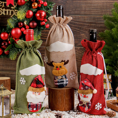 Christmas Santa Burlap Wine Bottle Bag - 12” x 5.7” Festive Decor for Holiday Tables
