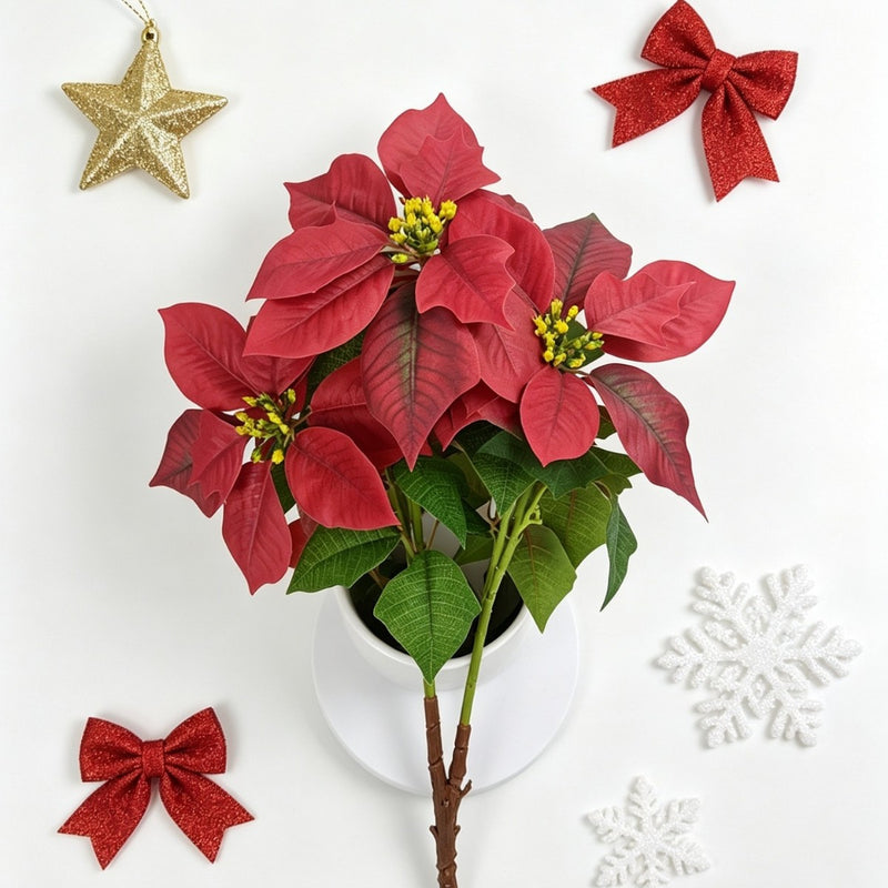 5-Bloom Artificial Poinsettia Bush, 20" Tall, Silk-Like Fabric, Indoor Holiday Decoration
