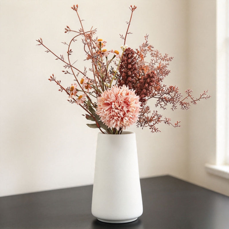 Artificial Dandelion & Wheat Ear Bouquet, Faux Floral Stems with Wheat and Billy Ball Accents, Wedding & Home Decor