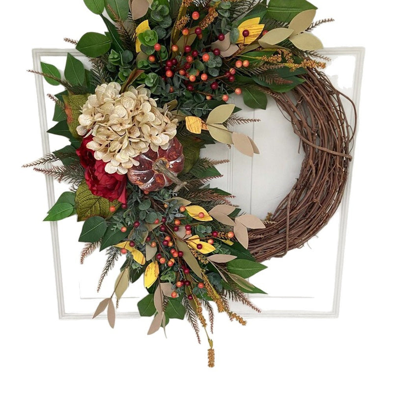 Autumn Rustic Pumpkin Hydrangea Wreath, 16" Woven Rattan Wall Hanging for Fall Decor, Wedding, Farmhouse Style