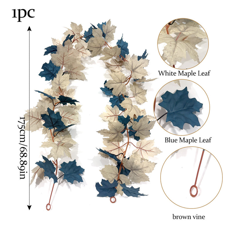 Artificial Maple Leaf & Rose Garland Vine, Blue Faux Silk Fabric, 2 Pcs per Pack, Halloween Decor