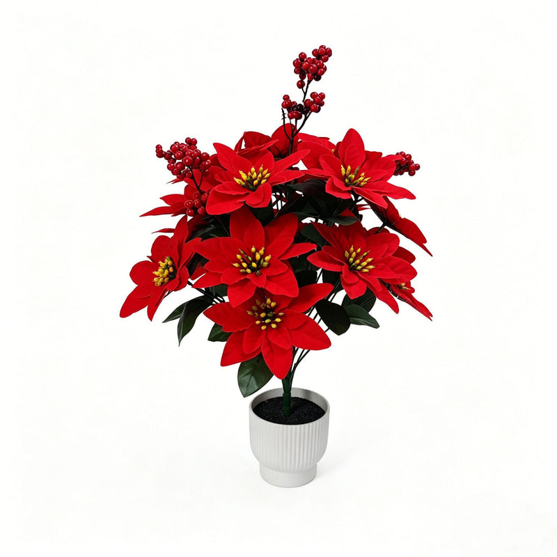 21" Velvet Poinsettia Bush, Christmas Floral Decor for Home, Office & Events, Realistic PVC Holiday Stems