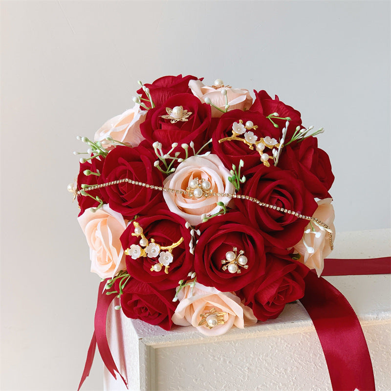 Wedding Bouquet with 18 Silk-Like Roses, 12" Height, Faux Silk Bridal Hand-Tied Bouquet
