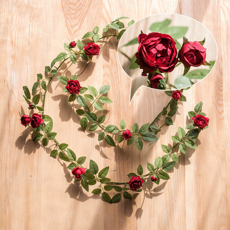Artificial Angus Rose and Small Rose Vine Garland, 57 Inch Silk-Like Fabric, Wedding Arch and Wall Decor