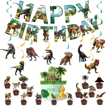 Dinosaur Birthday Party Decorations Set - Banner Cake Toppers Hanging Spirals for Kids’ Prehistoric Celebration