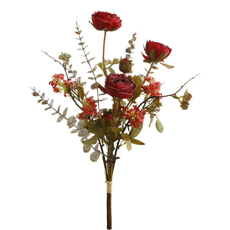 Artificial Ranunculus Bouquet, 5 Flower Heads, Vintage Burnt-Edge Faux Silk Stems, Home & Window Display