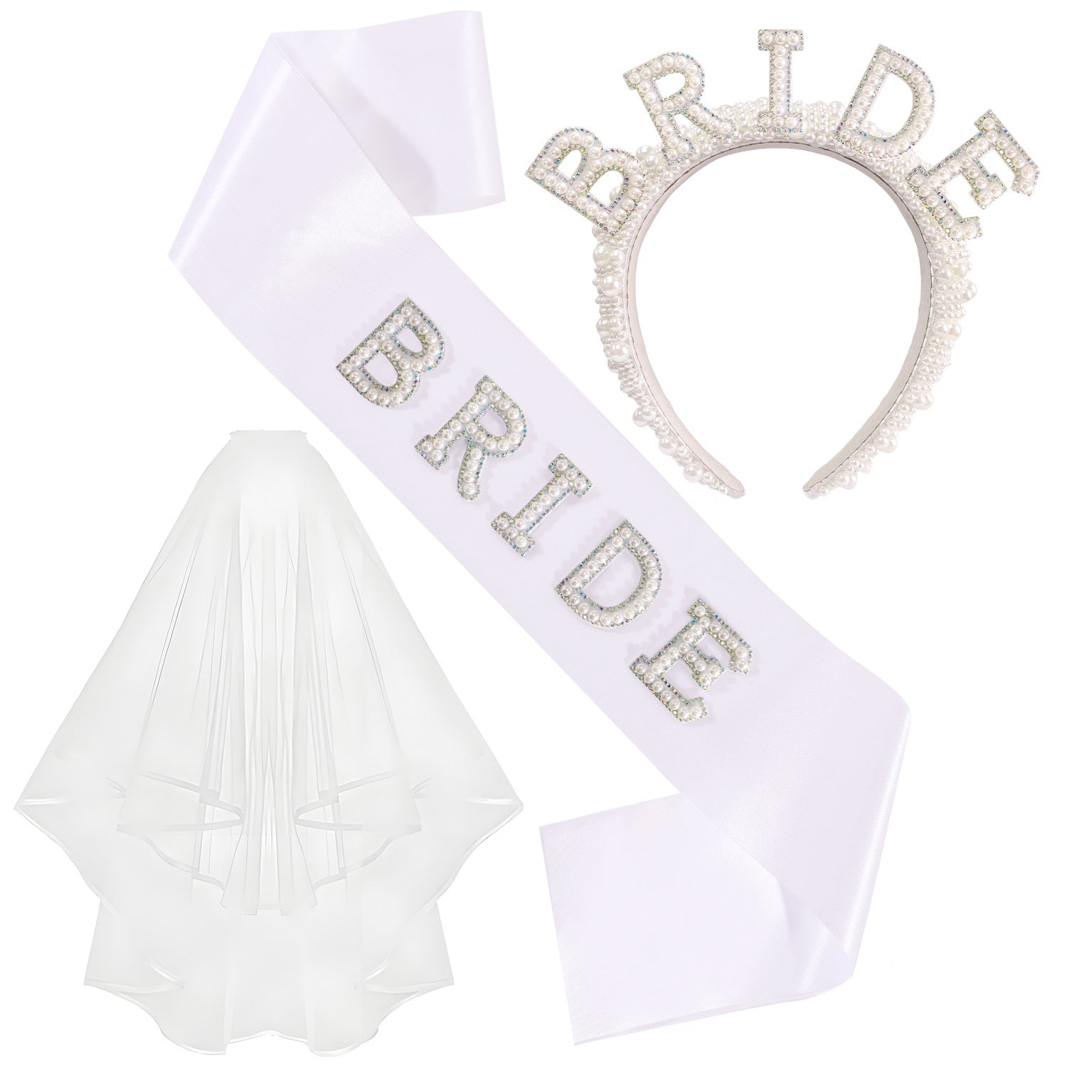 Bachelorette Party Bride Pearl Crystal Headband Veil Sash - Fashion Bridal Hair Accessory