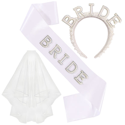 Bachelorette Party Bride Pearl Crystal Headband Veil Sash - Fashion Bridal Hair Accessory