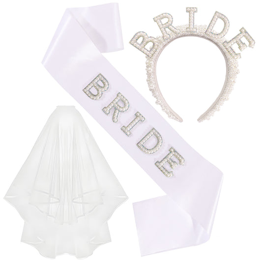 Bachelorette Party Bride Pearl Crystal Headband Veil Sash - Fashion Bridal Hair Accessory