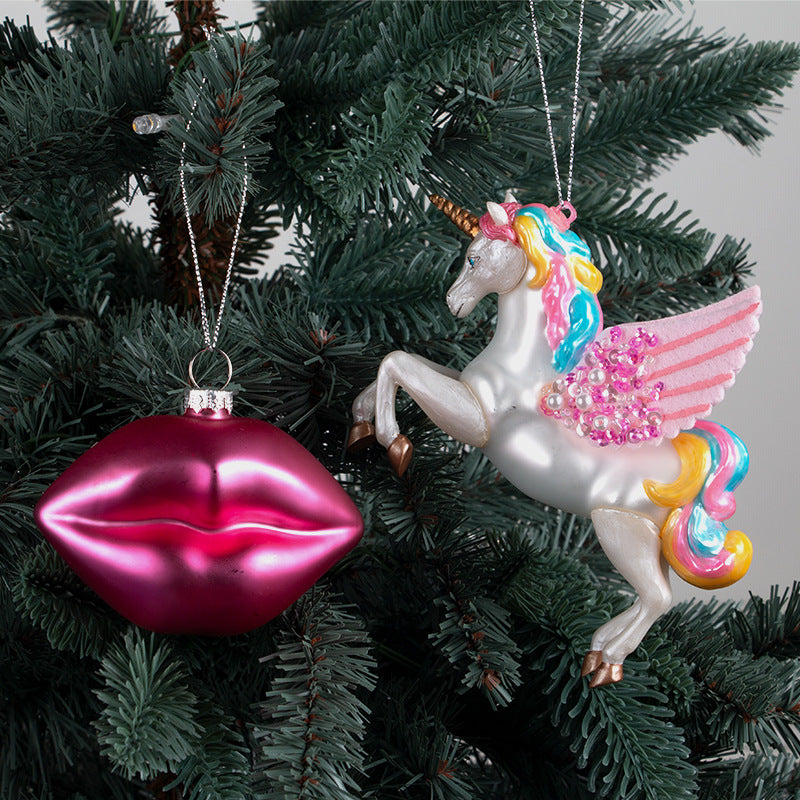 Bulk Christmas Ornaments 12 Pcs Glass Glitter Lips Unicorn Hanging Decorations with String Holiday Decor