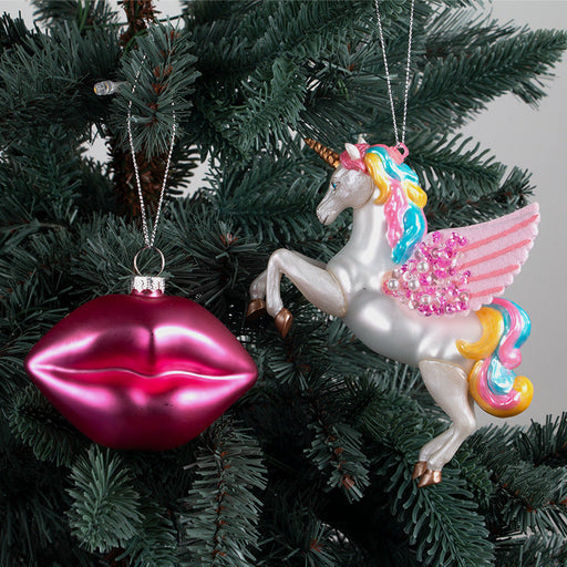 Bulk Christmas Ornaments 12 Pcs Glass Glitter Lips Unicorn Hanging Decorations with String Holiday Decor
