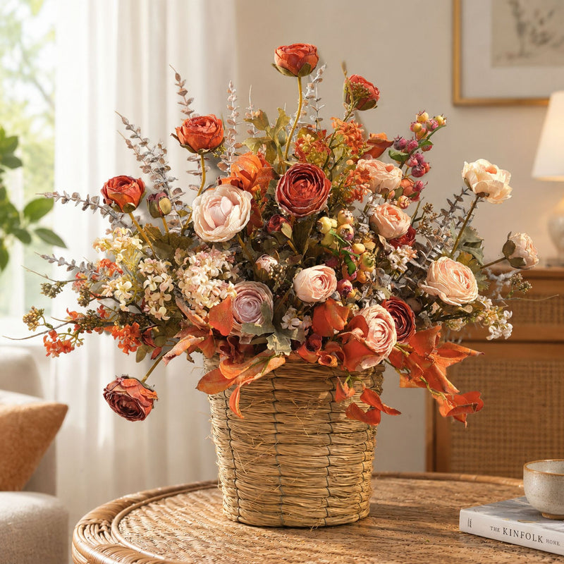 Artificial Ranunculus Bouquet, 5 Flower Heads, Vintage Burnt-Edge Faux Silk Stems, Home & Window Display