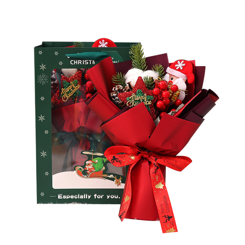 11 Inch Artificial Christmas Flower Bouquet with Glitter Star, Red Berries, and Santa Doll – Bulk Wholesale Gift Set