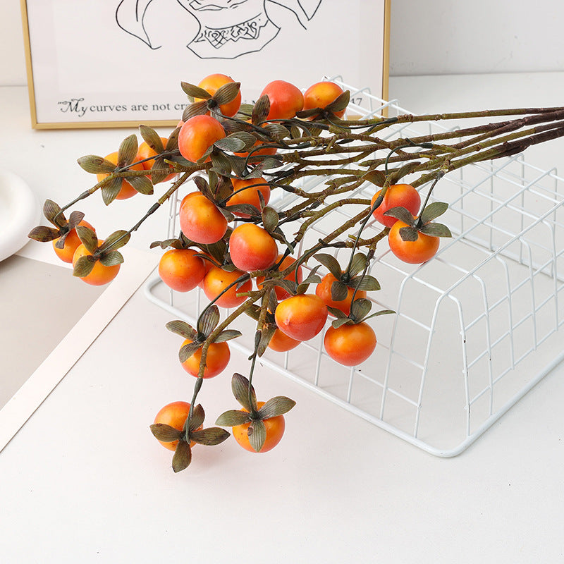 Artificial Mini Persimmon Bush with 14 Blooms, 28" Long Faux Foam Fruit Stems for Home Decor, Weddings & Events