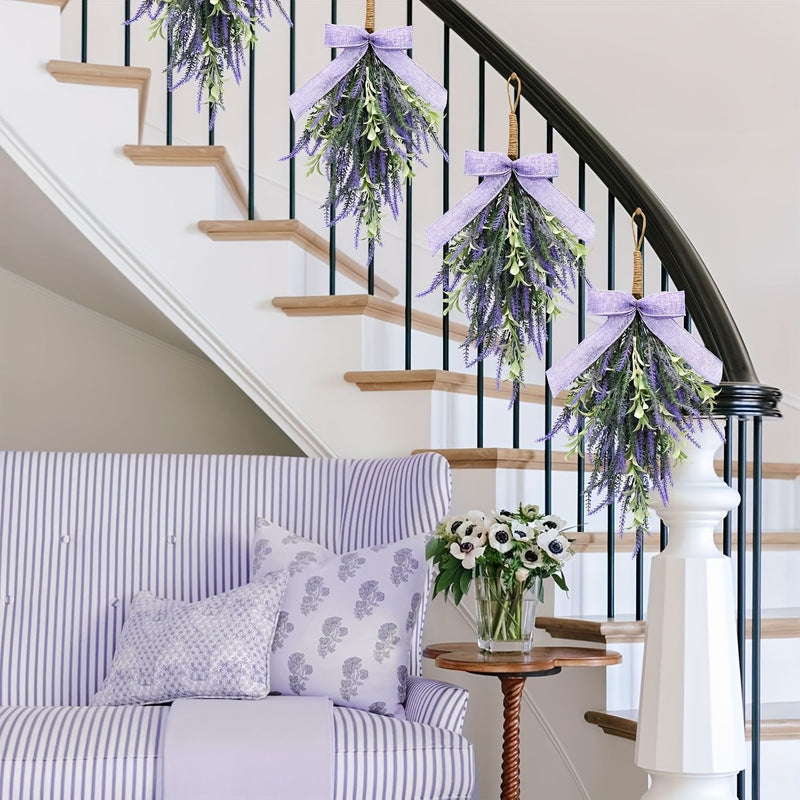 Artificial Lavender Bow Wall Hanging, Purple Faux Floral Door Swag, Plastic, Home & Window Display Decor
