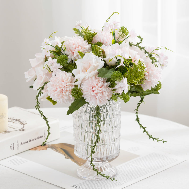 11" Realistic Artificial Rose & Chrysanthemum Bush, 5-Bloom Floral Cluster for Weddings, Home Decor, and Events, Countryside & Modern Style