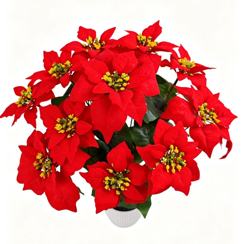 Artificial Poinsettia Bush with 12 Blooms, 20" Tall, Silk-Like Fabric, Perfect for Christmas, Weddings, and Home Decor