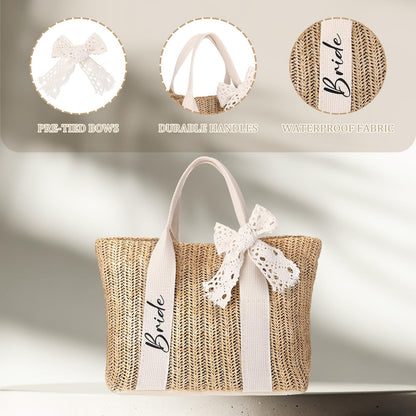 Bride Straw Bag with Sweet Bow - 13x8.7x5.5 Inch | Stylish & Versatile for Weddings & Everyday