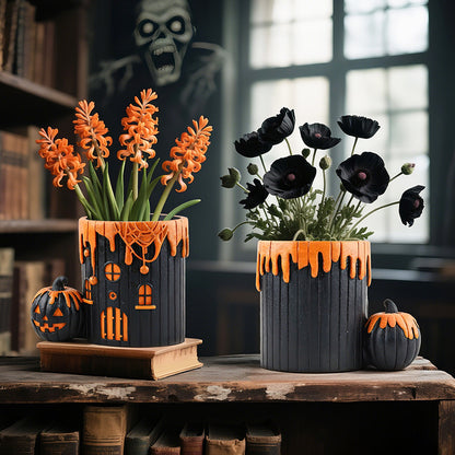 Halloween Pumpkin House Resin Planter - Spooky Cute Decor for Home Desk & Garden