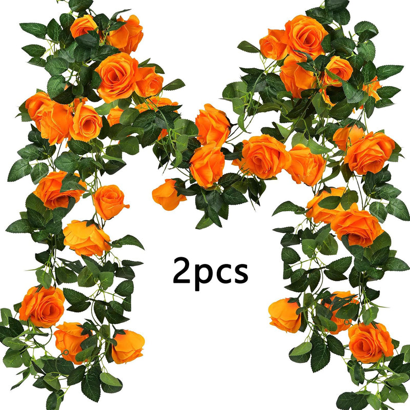 Orange Rose Garland Vine, Faux Silk Fabric Artificial Rose Vine, Set of 2 Trailing Strands, Halloween, Fall Table & Wedding Decor