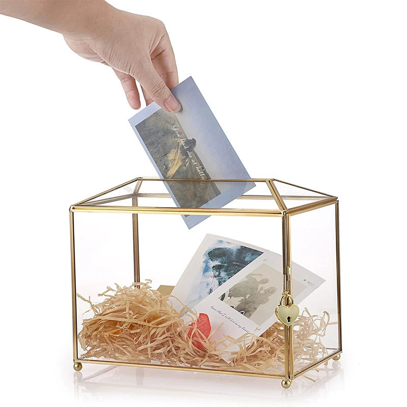Bulk Reinforced Shatterproof Wedding Glass Card Box with Security Lock 10.2" Modern Geometric Terrarium for Weddings Baby Showers & Vow Renewals Gold Accent Tabletop Display Case Wholesale