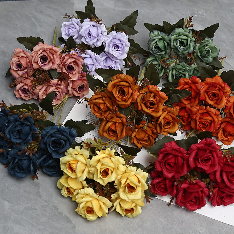 Autumn-Toned Rose Bush, 12" Faux Silk Floral Arrangement with 6 Blooms, Rustic Decor for Weddings & Home