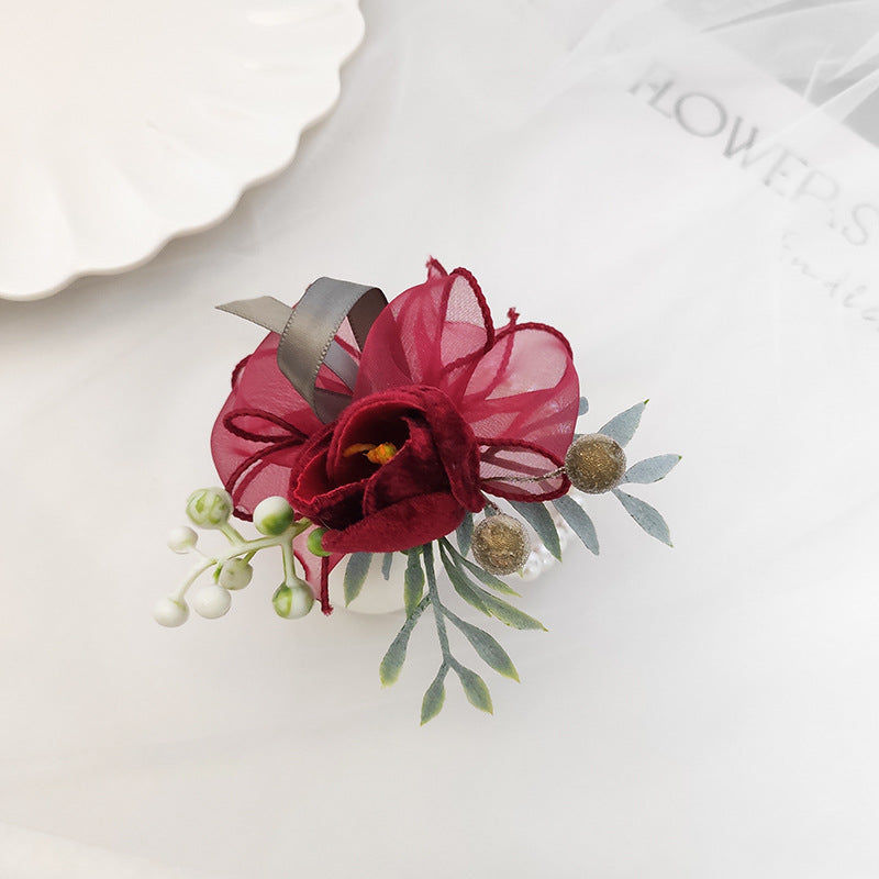 Romantic Marsala Artificial Velvet Tulips Wrist Corsage Bulk Quantity