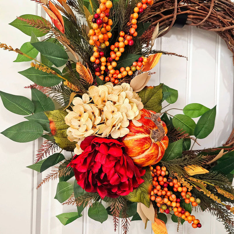 Autumn Rustic Pumpkin Hydrangea Wreath, 16" Woven Rattan Wall Hanging for Fall Decor, Wedding, Farmhouse Style