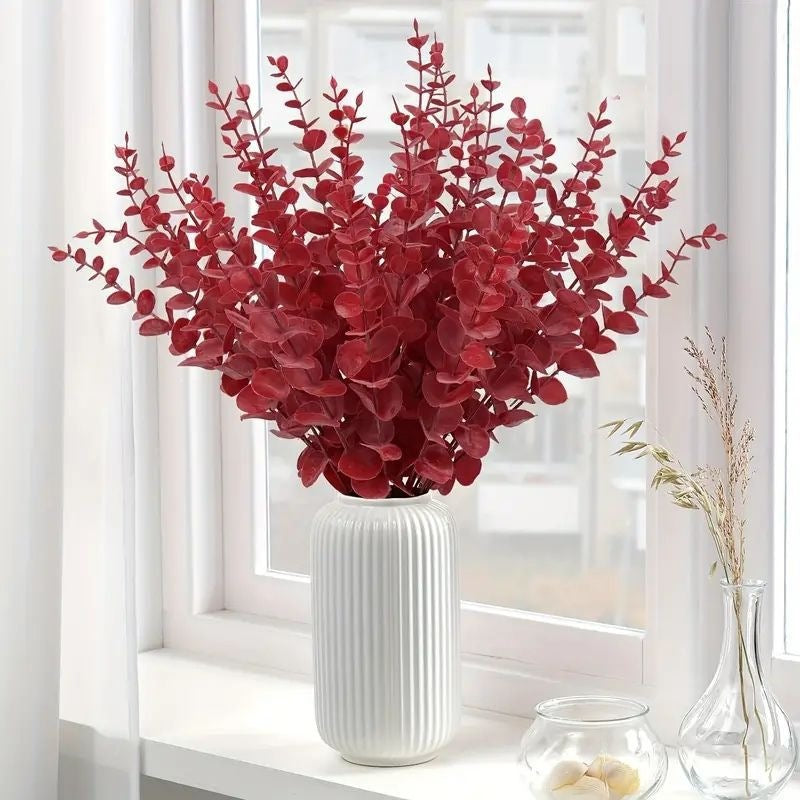 Artificial Red Eucalyptus Leaf Stems, Pack of 50 Single Stem Faux Eucalyptus Branches for Wedding, Holiday & Home Decor