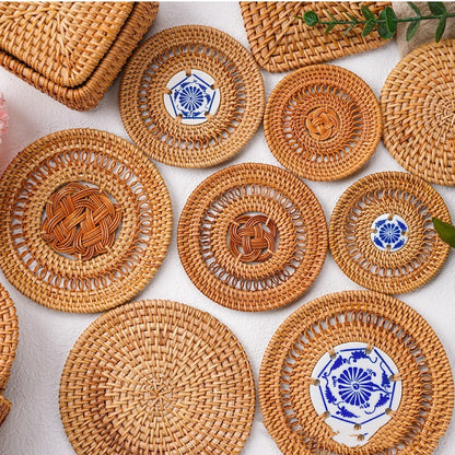 Vietnamese Autumn Vine Woven Coasters | Hollow-Out Design Heat-Resistant Table Mats 3.1"/3.9"/5.1"