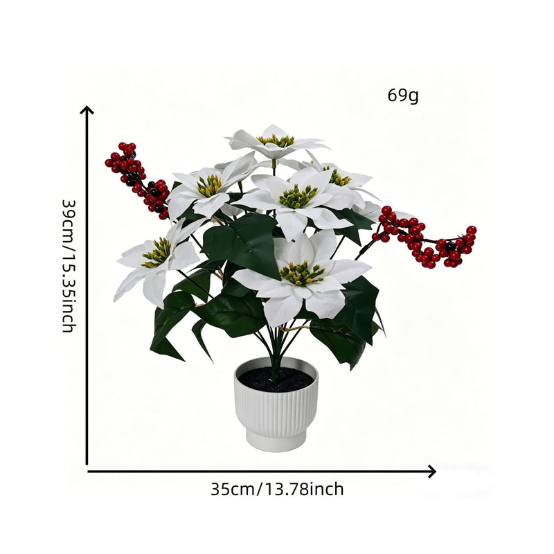 21" Velvet Poinsettia Bush, Christmas Floral Decor for Home, Office & Events, Realistic PVC Holiday Stems