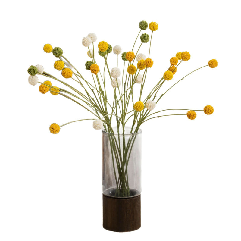 Artificial Craspedia Billy Balls Bush, 4 Yellow Ball Blooms, Plastic, 24" Tall, for Home Decor, Weddings & Window Displays
