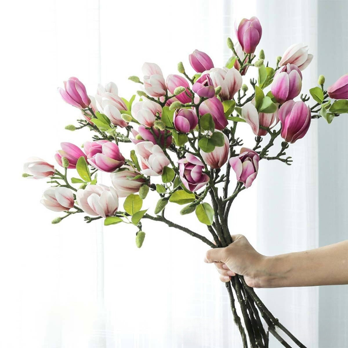 Wedding Floral Backdrop Decor Premium Artificial Magnolia Flowers 2pcs PU Stem for Venue Styling