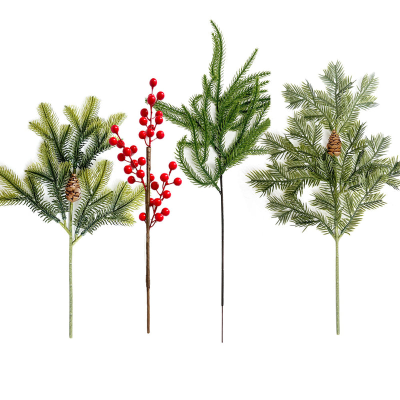Artificial Red Berry & Pine Needle Christmas Stem, Plastic Faux Holly Pick for Wreaths, Floral Arrangements & Holiday Decor