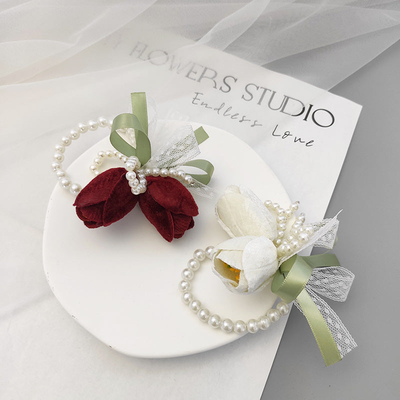 Romantic Marsala Artificial Velvet Tulips Wrist Corsage Bulk Quantity