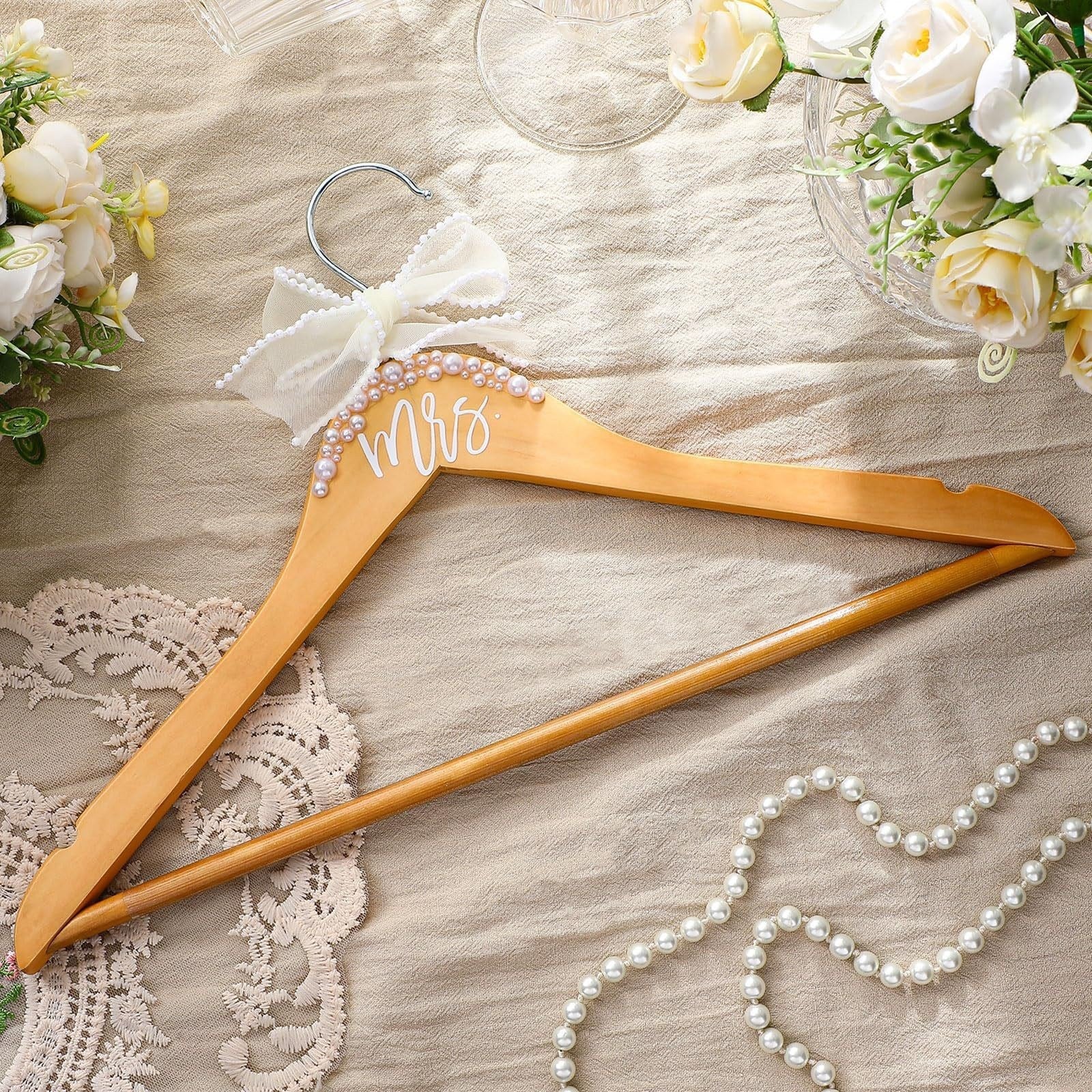 Bride Wedding Wooden Hanger - Pearl Bow & Mrs/Bride | 15x8.7 Inch with Crossbar