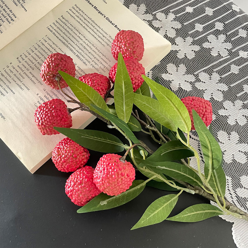 Artificial Litchi Fruit Branches, Foam Lychee Bush with 9 Blooms (1.5"), 18" Tall, Realistic Decorative Stems for Home Decor, Wedding Centerpieces & Commercial Displays