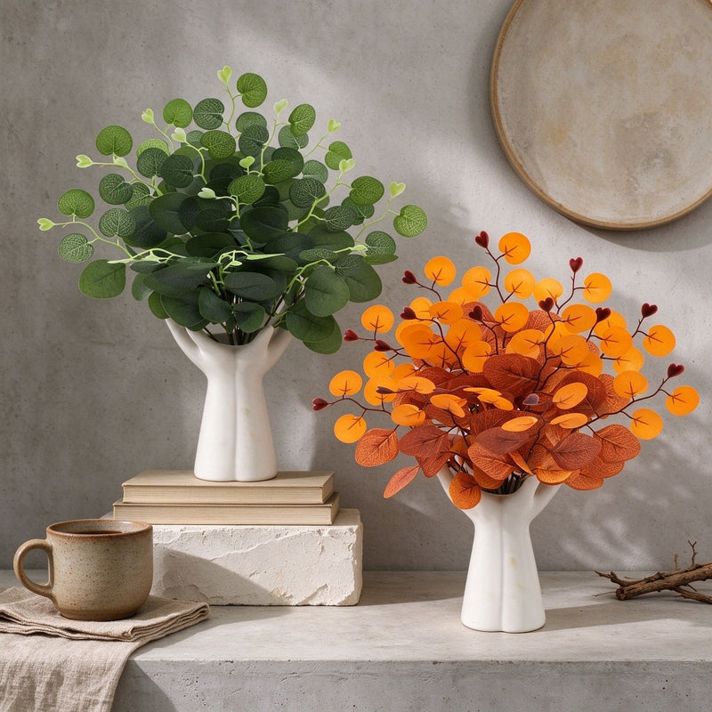 Artificial Eucalyptus Leaf Bush, Autumn-Toned Faux Greenery Stem, PE Plastic, for Wedding Floral Design, Home Decor & Window Displays