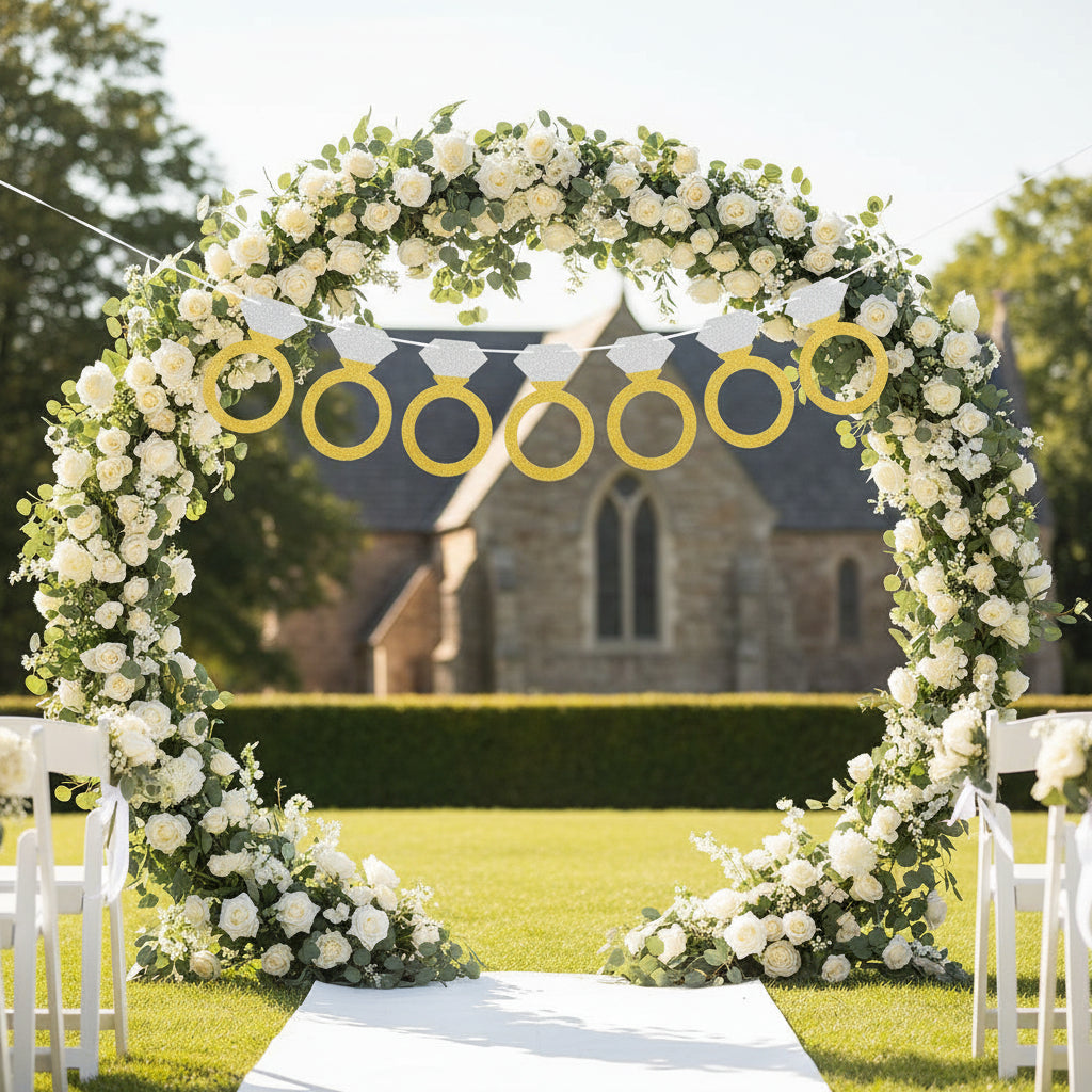 Engagement & Wedding Party Glitter Paper Diamond Ring Banner (16.4ft) - 3-Pack w/ Ribbon & Needle