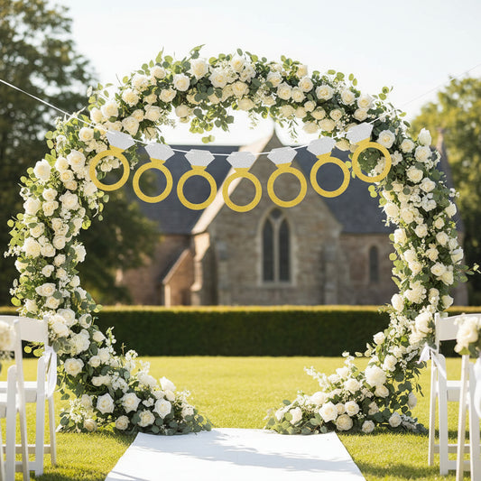 Engagement & Wedding Party Glitter Paper Diamond Ring Banner (16.4ft) - 3-Pack w/ Ribbon & Needle