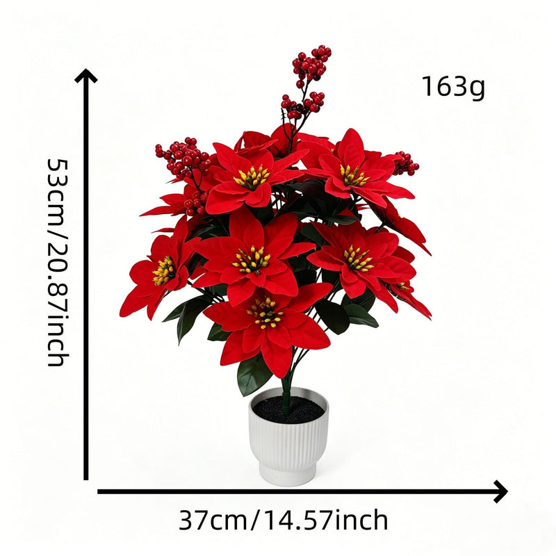 21" Velvet Poinsettia Bush, Christmas Floral Decor for Home, Office & Events, Realistic PVC Holiday Stems